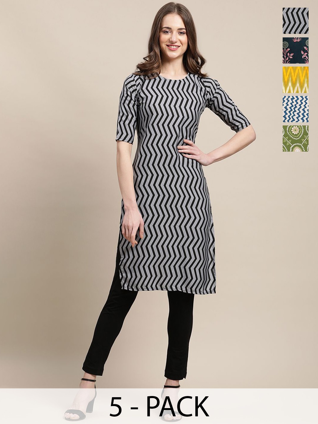 

7Threads Selection Of 5 Ethnic Motifs Printed Round Neck Straight Crepe Kurtas, Grey