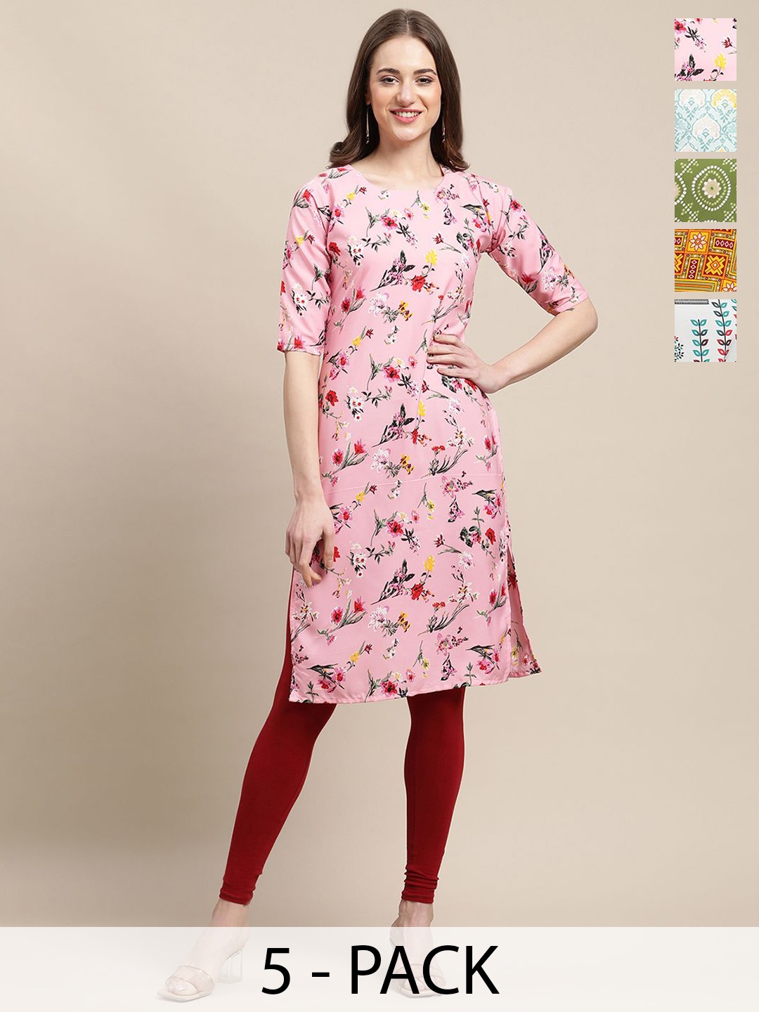 

7Threads Selection of 5 Floral & Geometric Printed Straight Kurtas, Pink