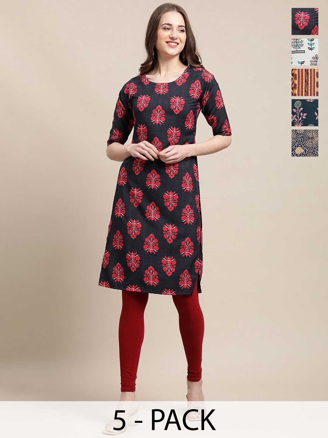 

7Threads Selection Of 5 Ethnic Motifs & Geometric Printed Crepe Straight Kurtas, Navy blue