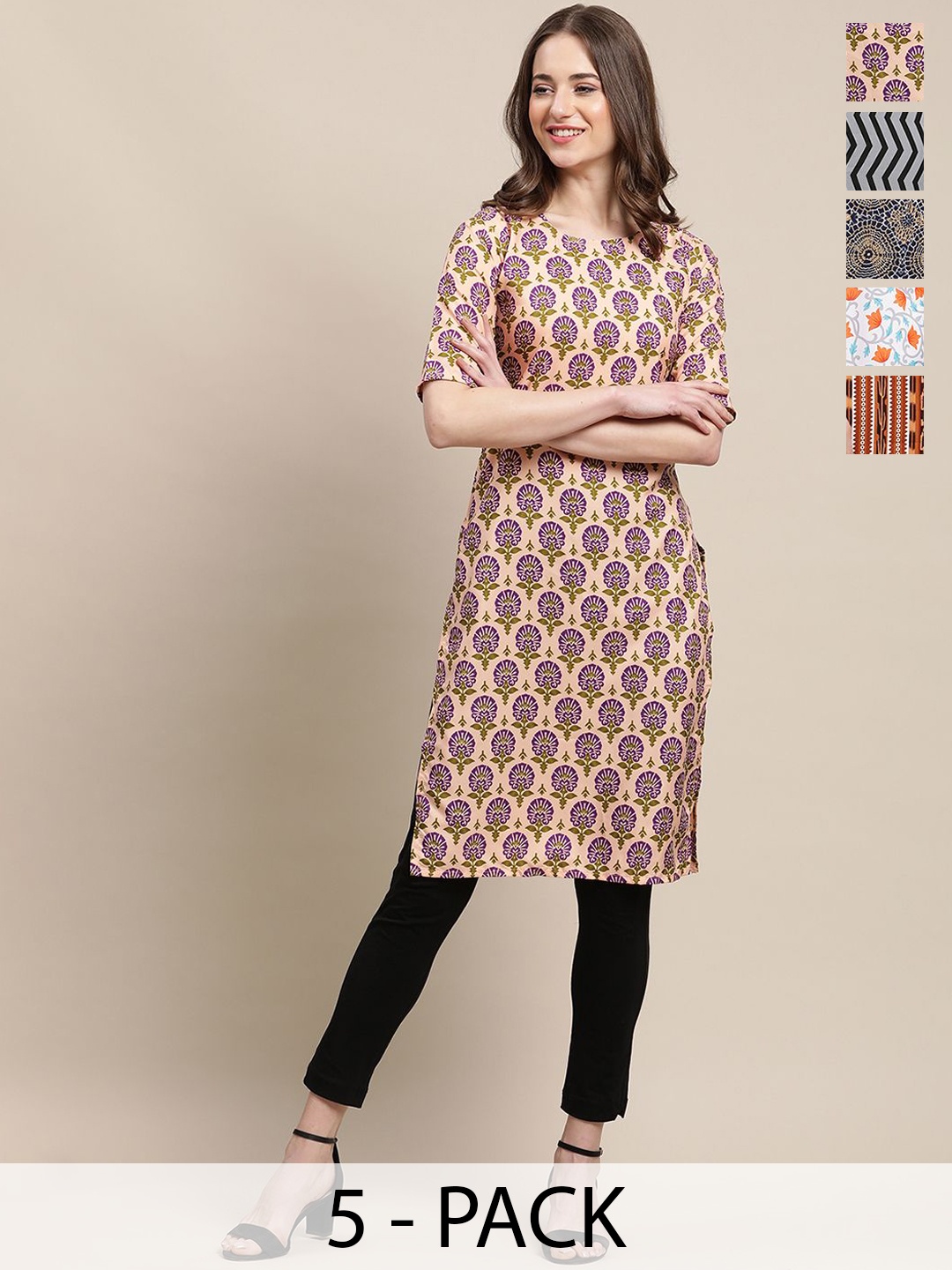 

7Threads Pack of 5 Floral Printed Round Neck Kurta, Beige