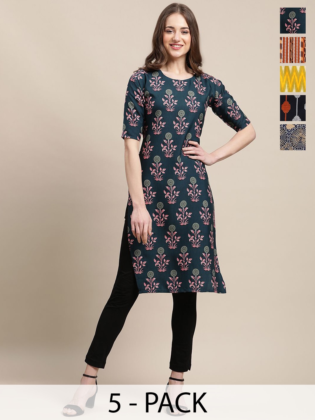 

7Threads Selection Of 5 Ethnic Motifs Printed Round Neck Kurtas, Navy blue