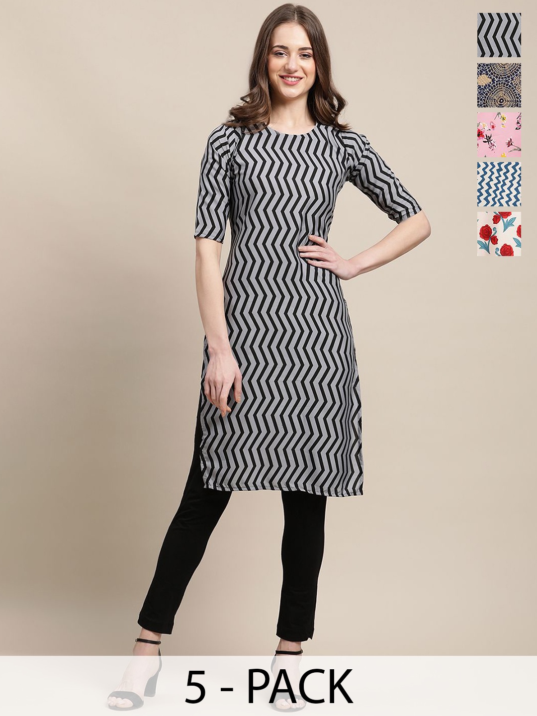 

7Threads Selection Of 5 Chevron Printed Round Neck Crepe Straight Kurta, Grey