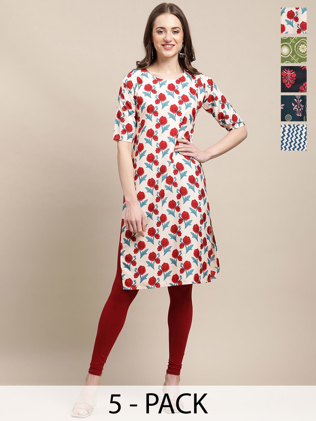 

7Threads Selection Of 5 Floral Printed Straight Kurta, White