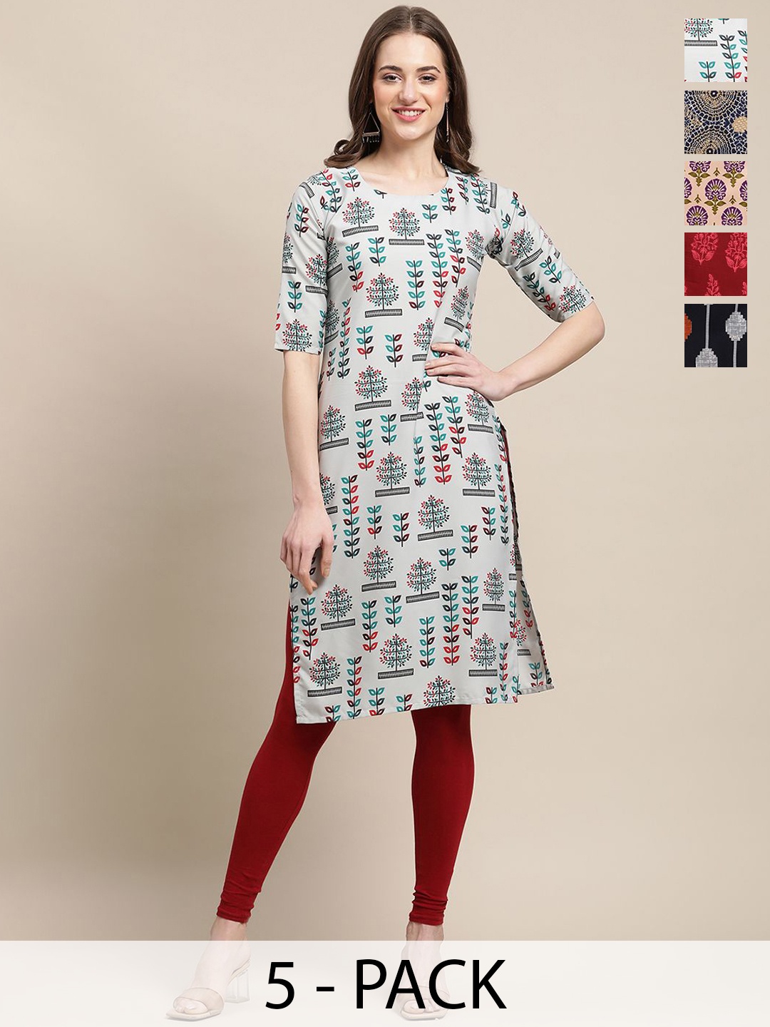 

7Threads Selection Of 5 Ethnic Motifs Printed Straight Crepe Kurta, Maroon