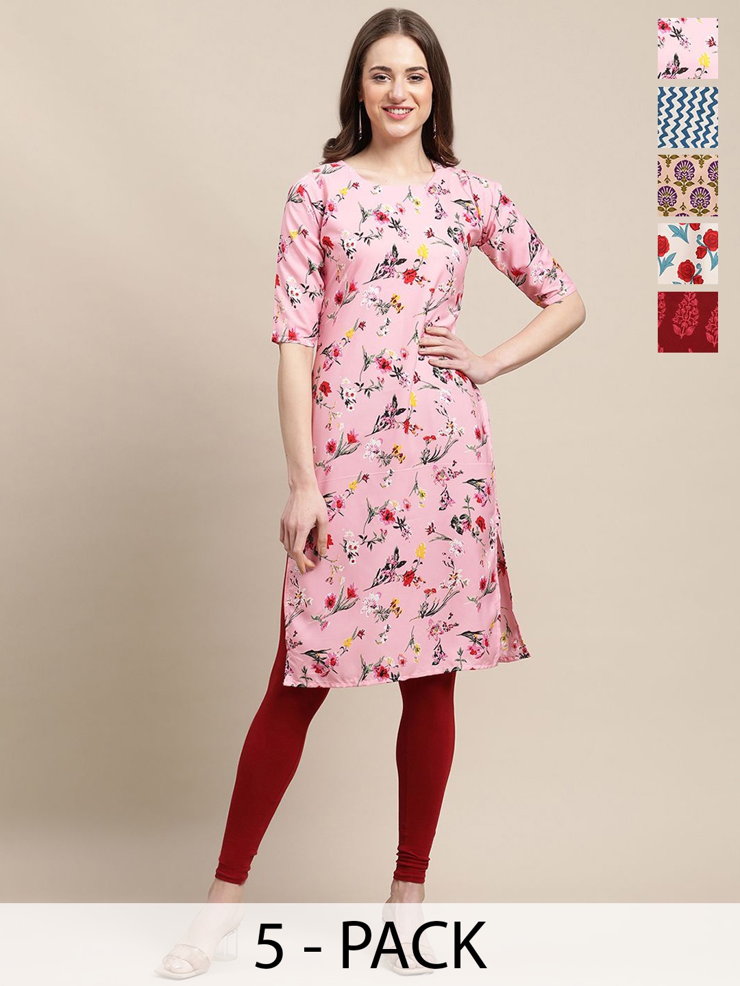 

7Threads Selection Of 5 Floral Printed Round Neck Regular Sleeves Straight Kurtas, Pink