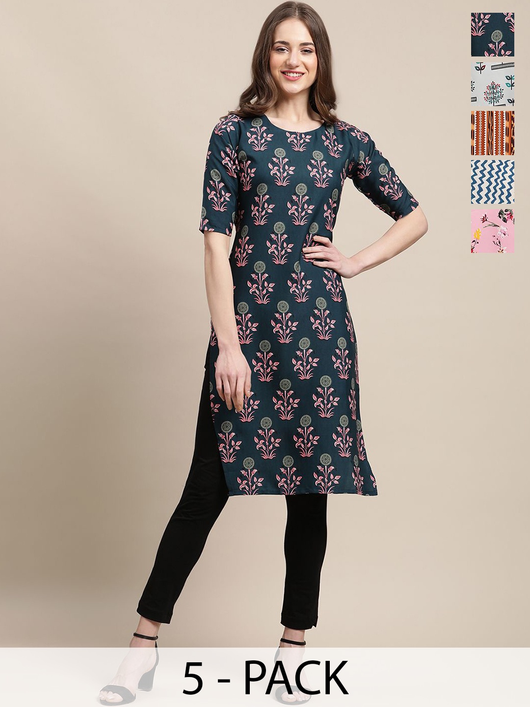 

7Threads Selection Of 5 Floral Printed Round Neck Regular Sleeves Straight Kurtas, Teal