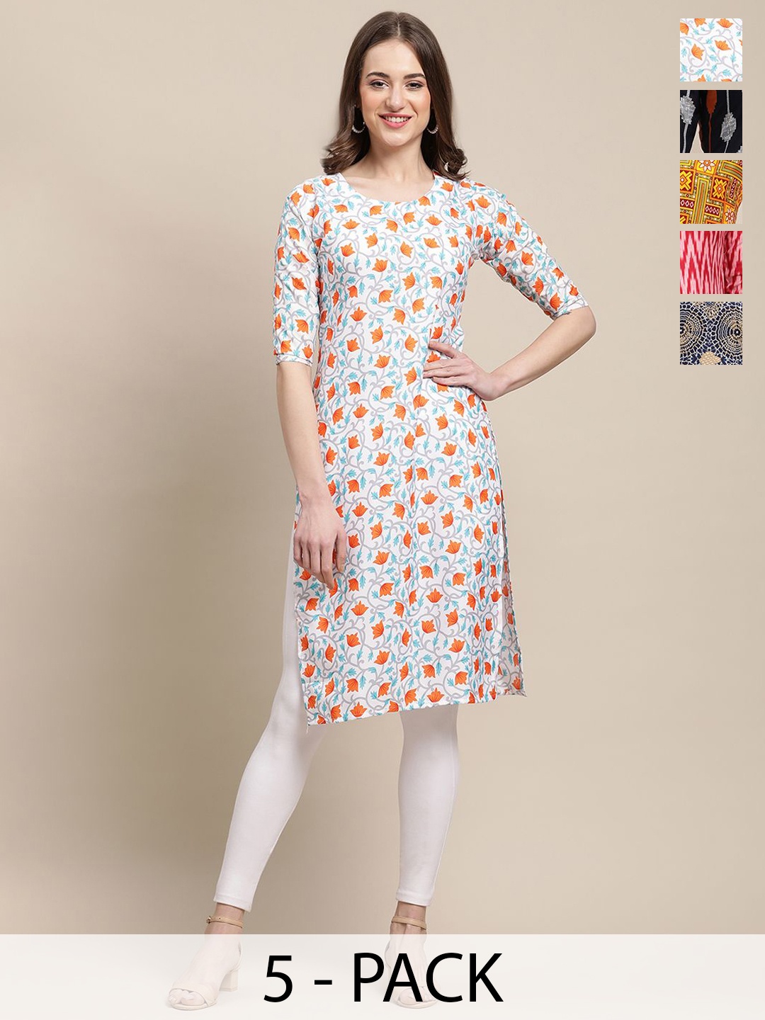 

7Threads Selection Of 5 Ethnic Motifs Printed Round Neck Straight Crepe Kurtas, White