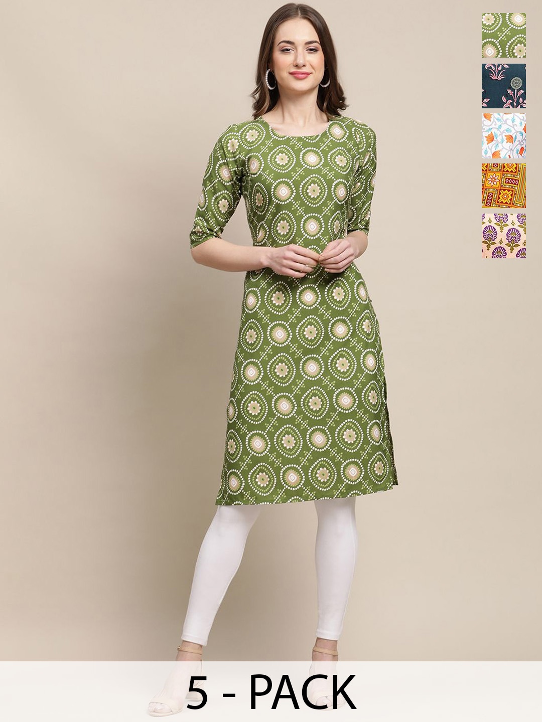 

7Threads Set Of 5 Ethnic Motifs Printed Round Neck Machine Weave Straight Kurta, Green