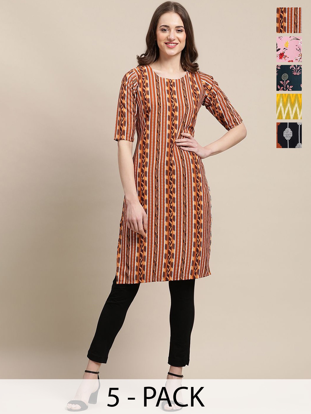 

7Threads Selection of 5 Floral & Geometric Printed Straight Kurtas, Red