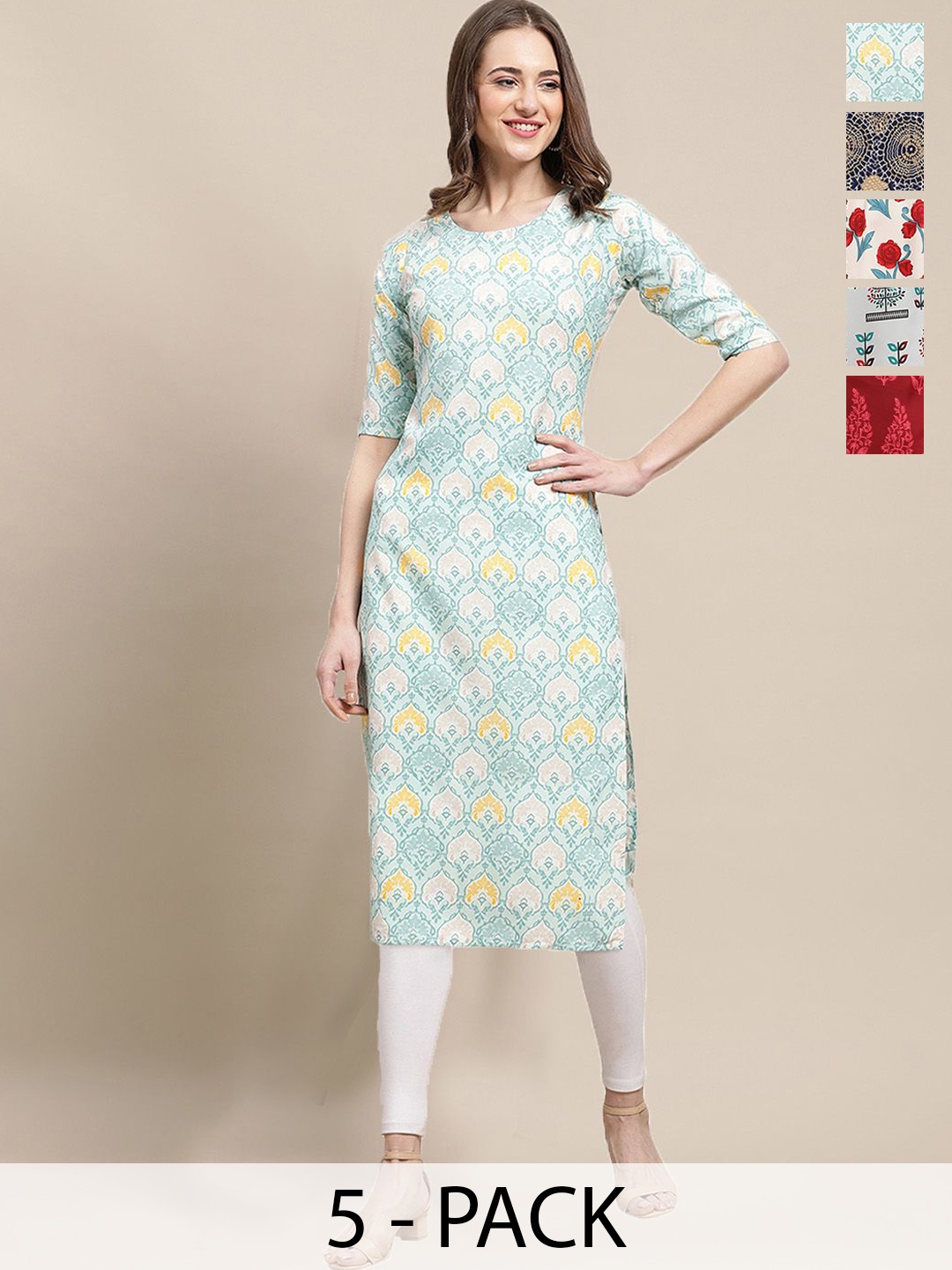 

7Threads Selection of 5 Floral Printed Straight Kurtas, White