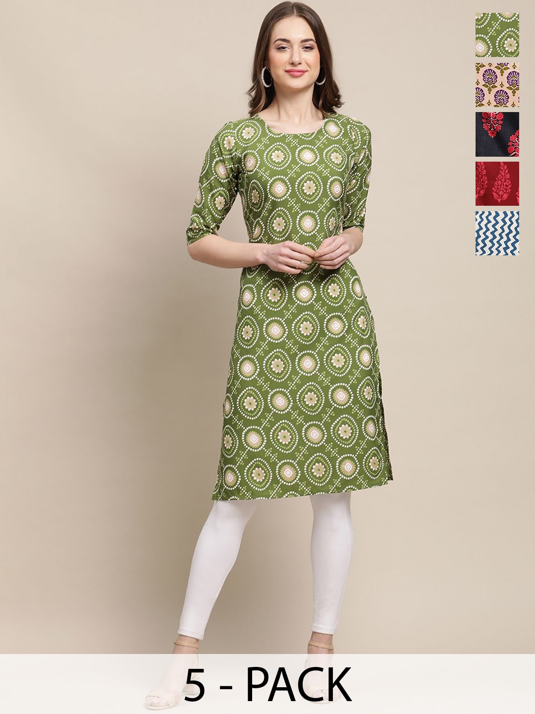 

7Threads Pack Of 5 Ethnic Motifs Printed Round Neck Straight Crepe Kurta, Green