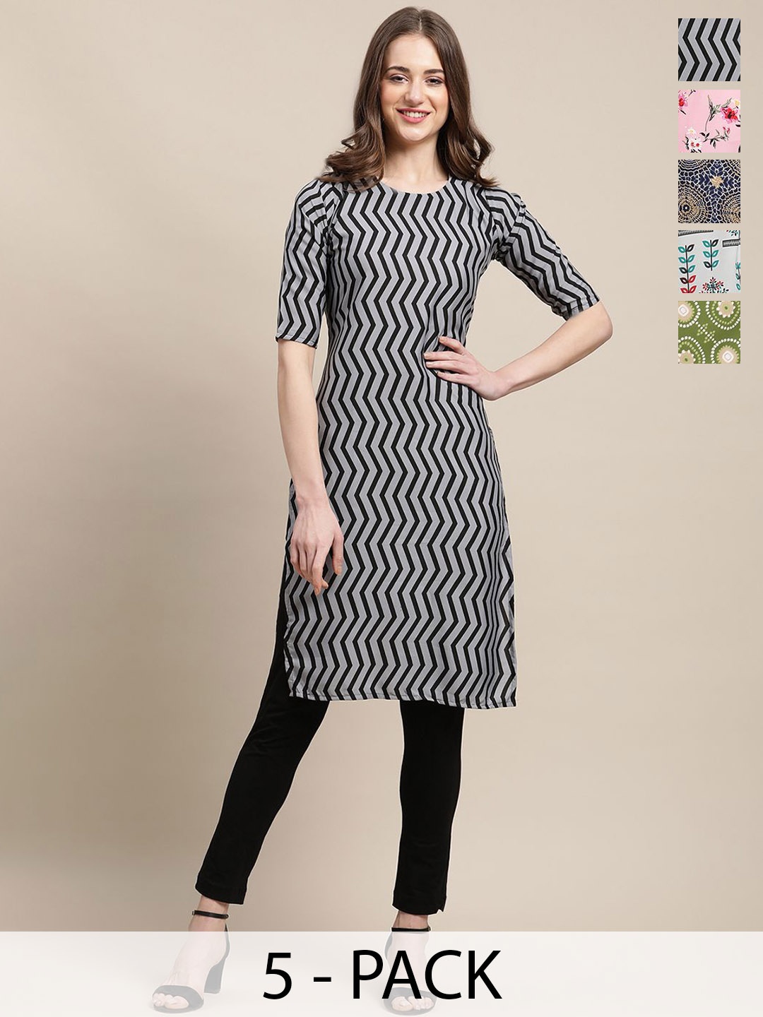

7Threads Selections Of 5 Floral Printed Straight Kurtas, Grey