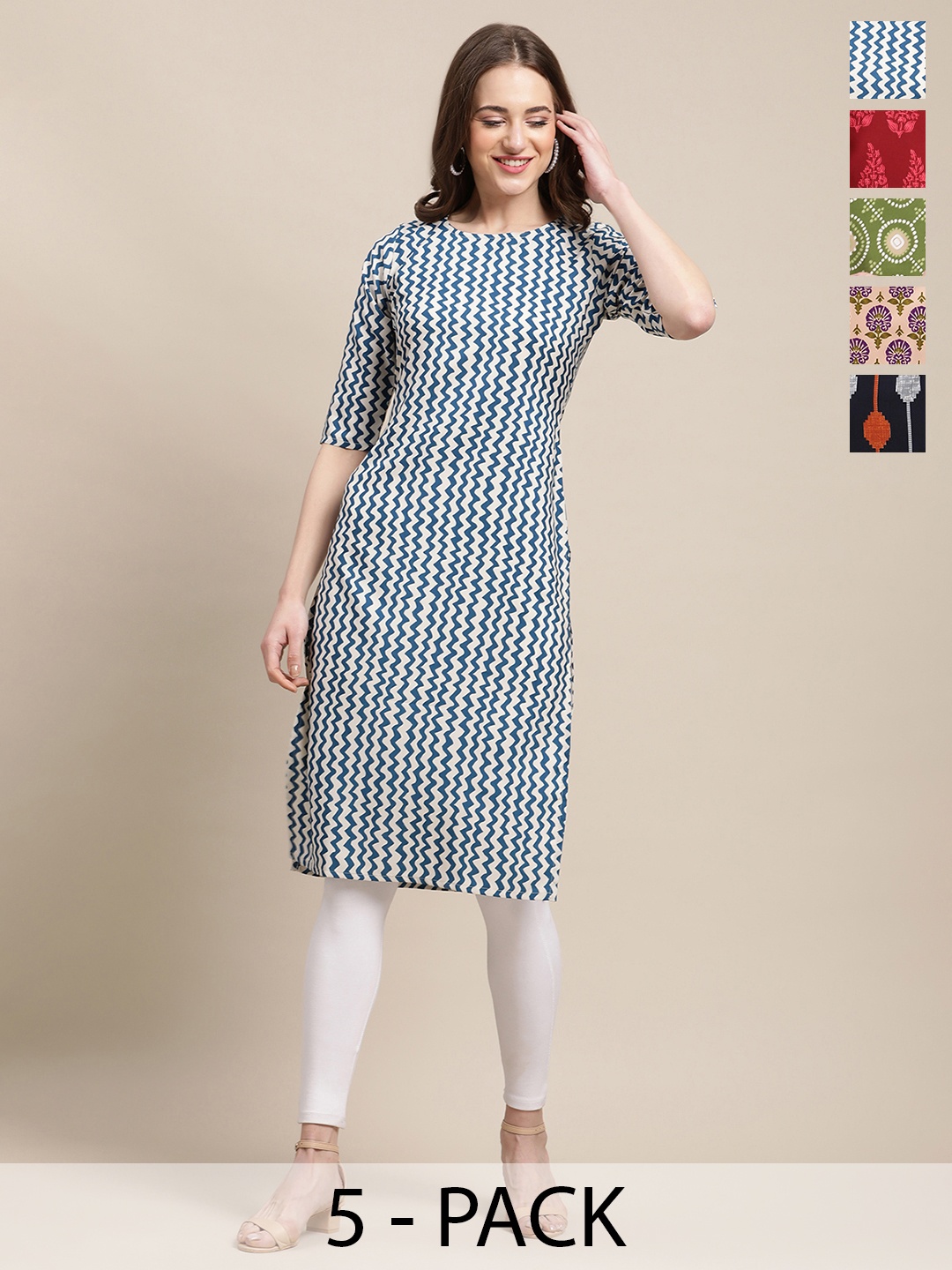 

7Threads Selection Of 5 Chevron Printed Round Neck Straight Kurtas, Off white