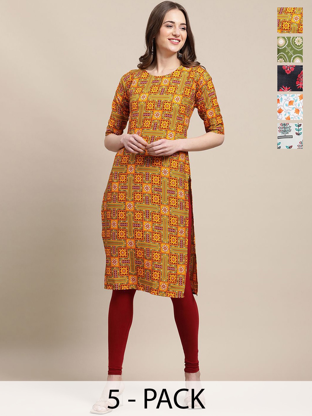 

7Threads Selection Of 5 Geometric Printed Round Neck Regular Sleeves Straight Kurtas, Orange