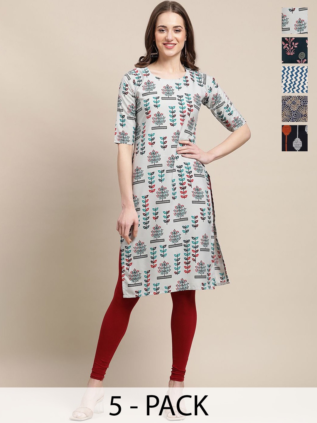 

7Threads Set Of 5 Floral Printed Round Neck Regular Sleeves Machine Weave Straight Kurta, Green