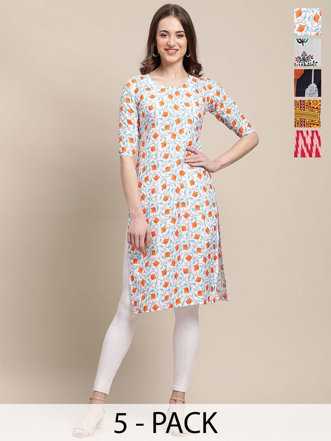 

7Threads Selection Of 5 Ethnic Motifs Printed Round Neck Kurtas, Red