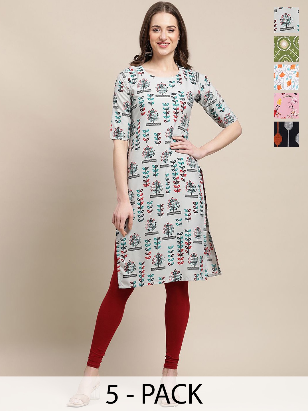 

7Threads Selection Of 5 Floral Printed Round Neck Kurtas, Red