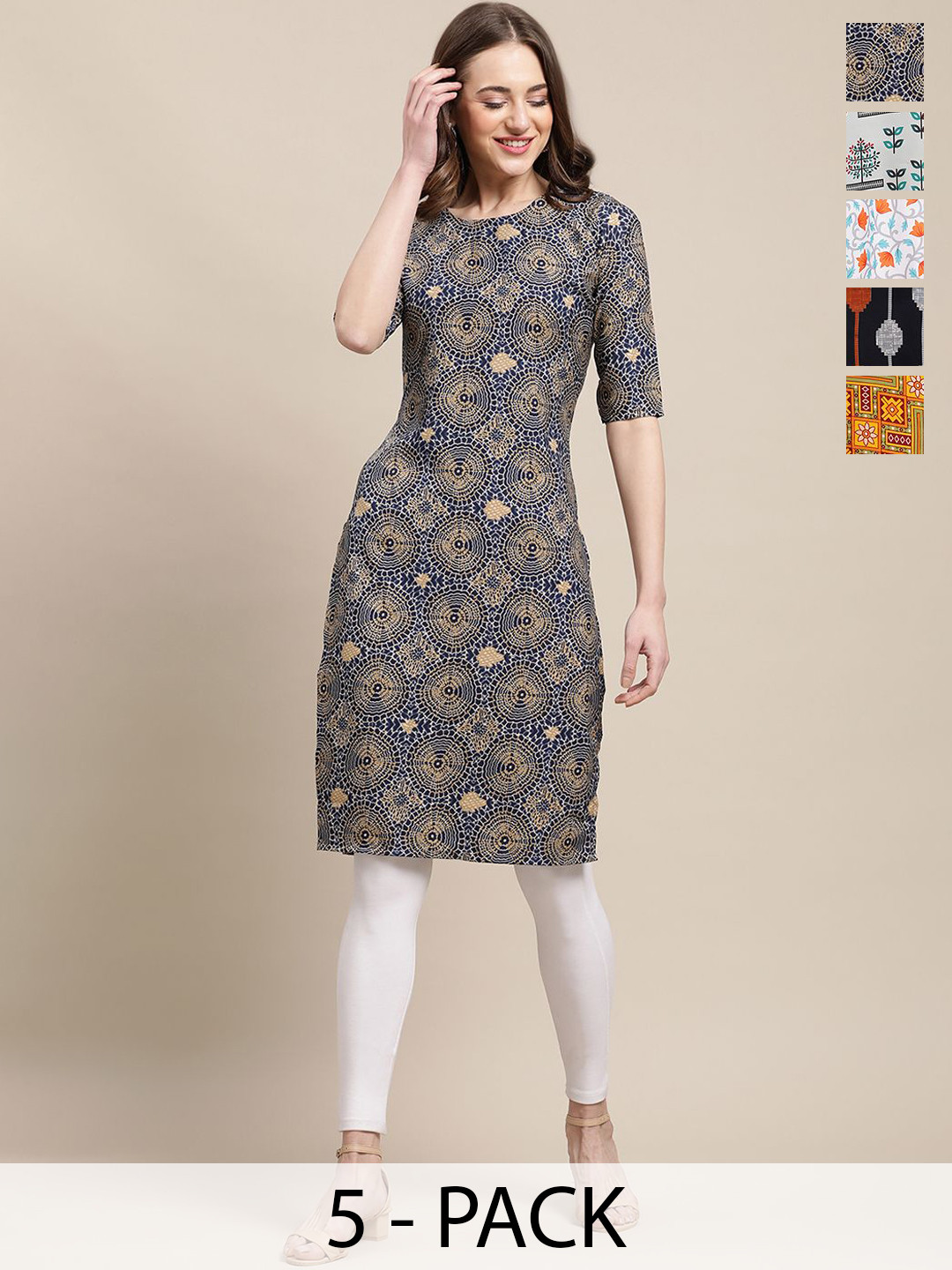 

7Threads Selection Of 5 Ethnic Motifs & Floral Printed Crepe Straight Kurtas, Navy blue