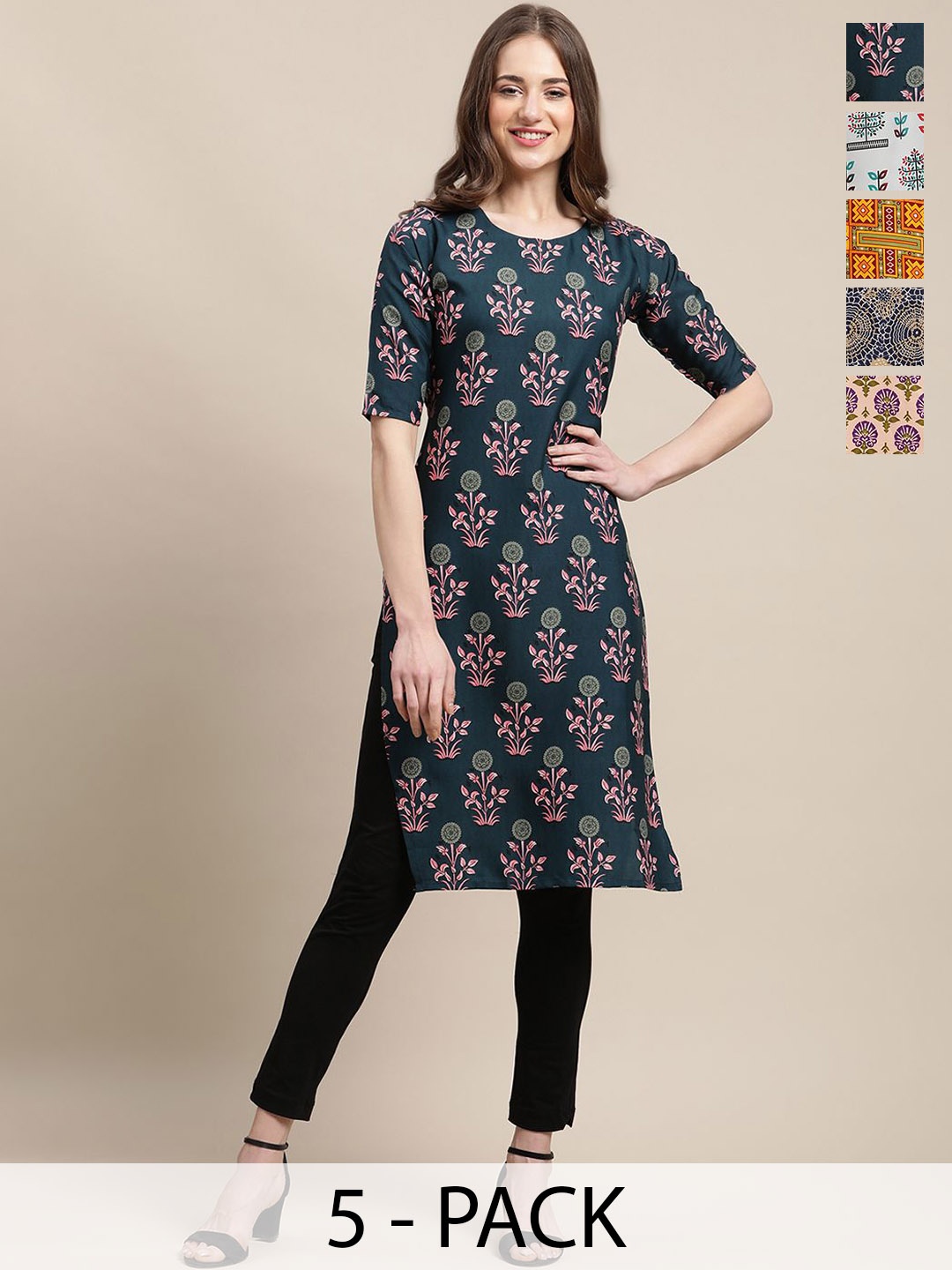 

7Threads Selection Of 5 Floral Printed Straight Kurta, Green