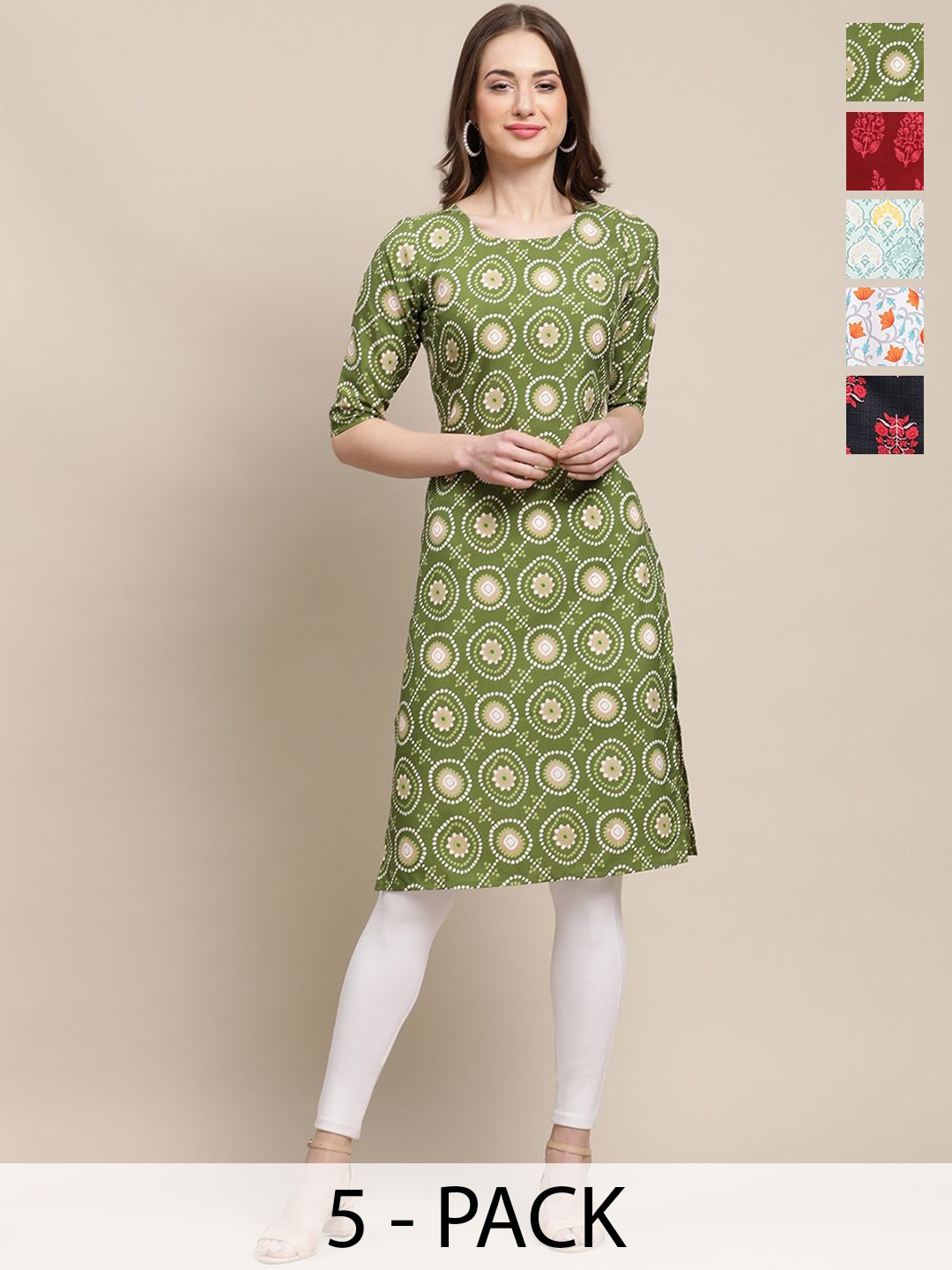

7Threads Selection Of 5 Geometric Printed Round Neck Kurtas, Green