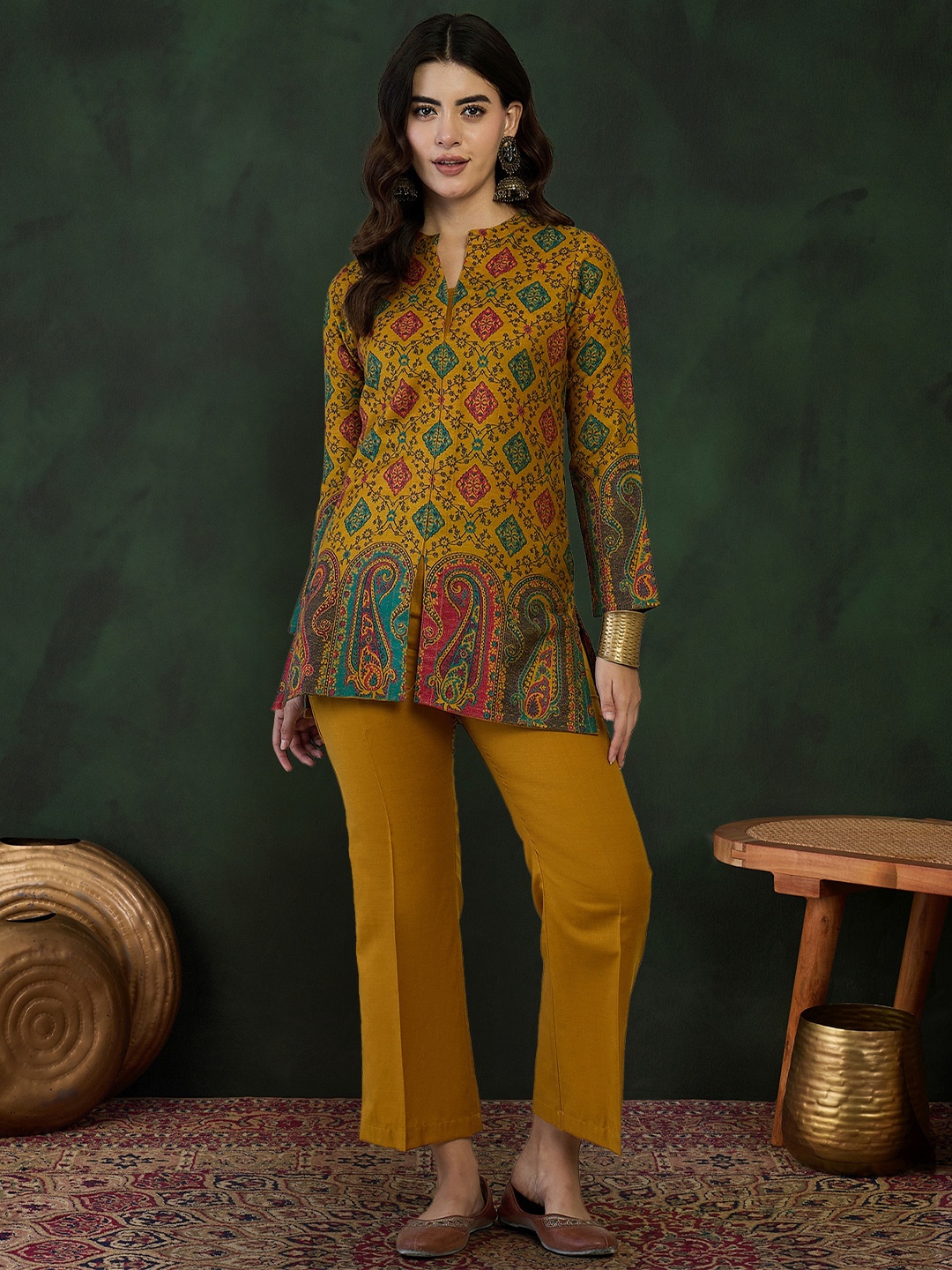 

Sangria Self-Design Winter Tunic & Trouser, Mustard