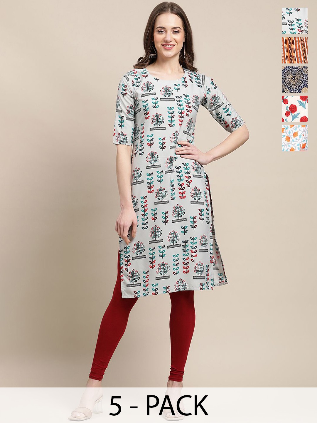 

7Threads Selection Of 5 Floral Printed Round Neck Straight Kurtas, Off white