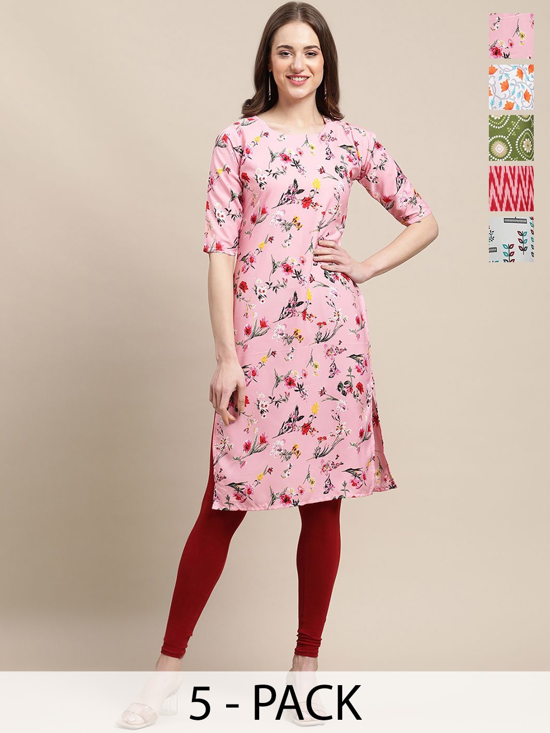 

7Threads Selection Of 5 Floral Printed Round Neck Straight Kurtas, Pink