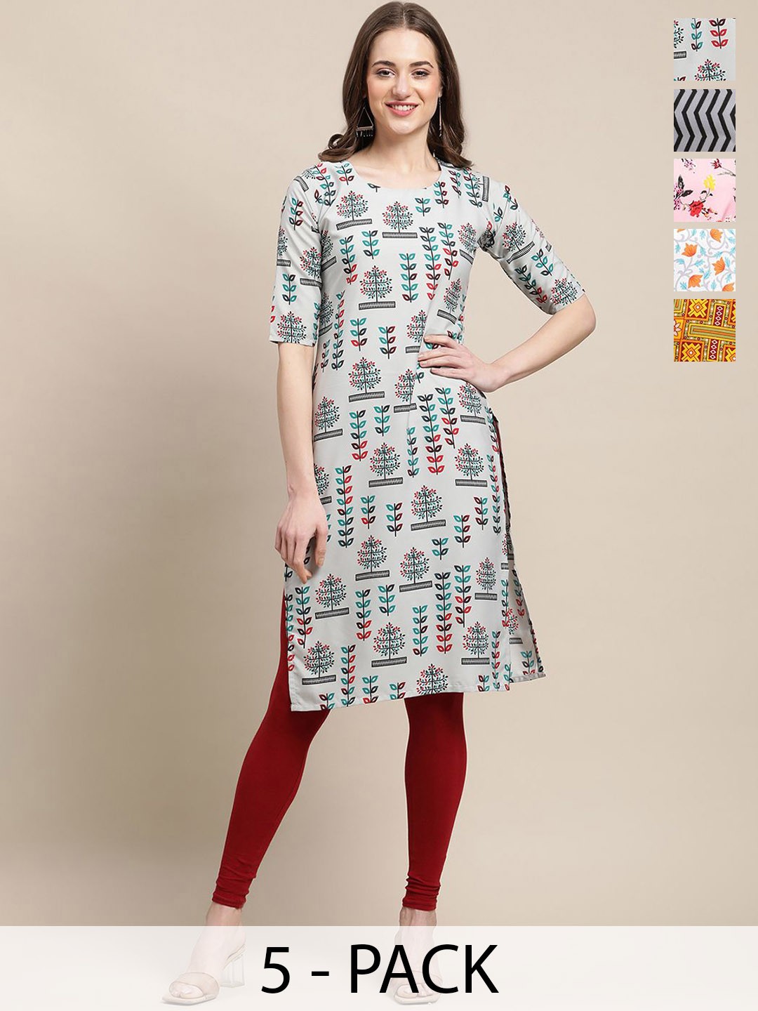 

7Threads Selection Of 5 Floral Printed Round Neck Straight Kurta, Grey
