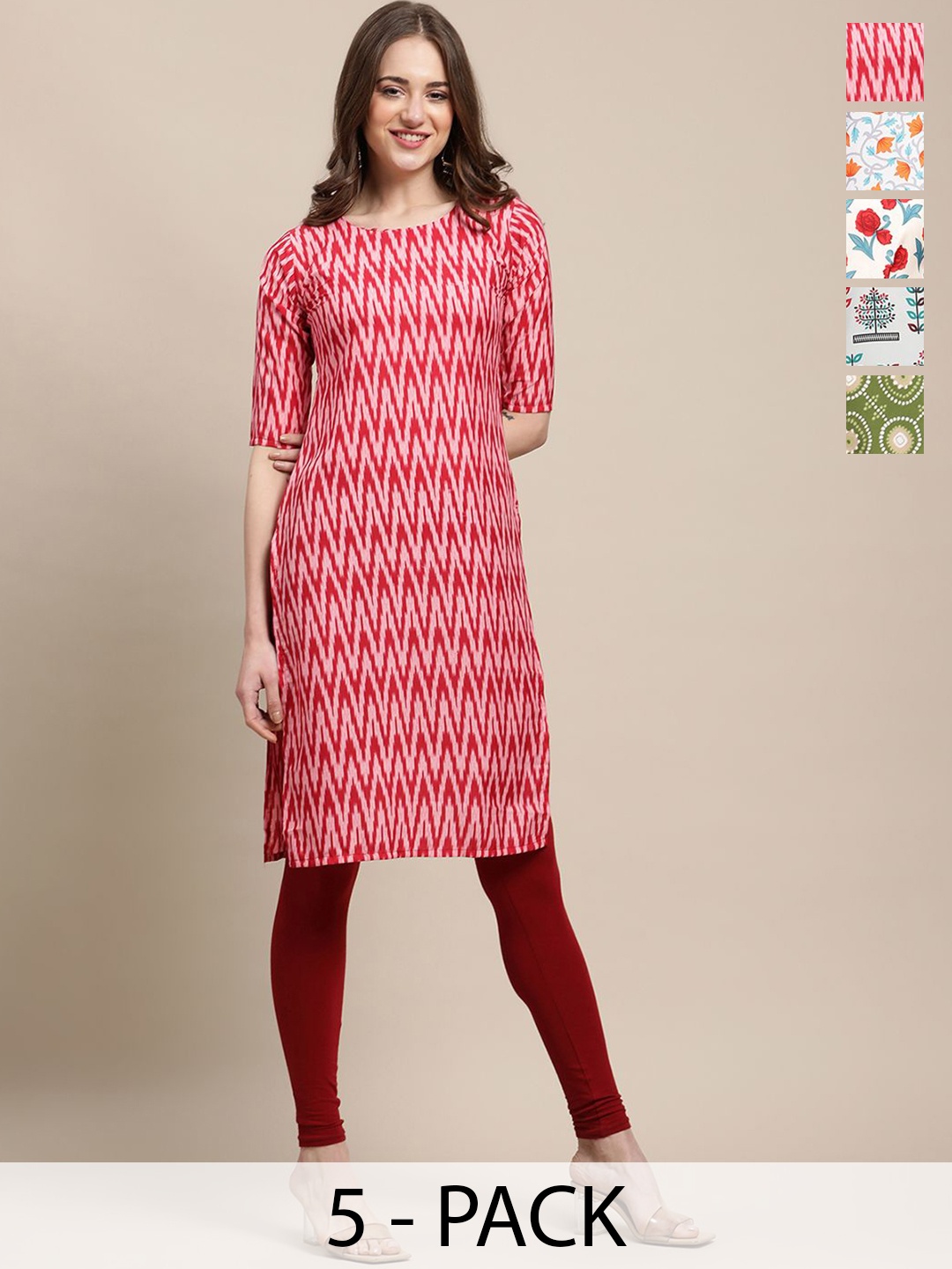 

7Threads Selection Of 5 Chevron Printed Straight Kurta, Red