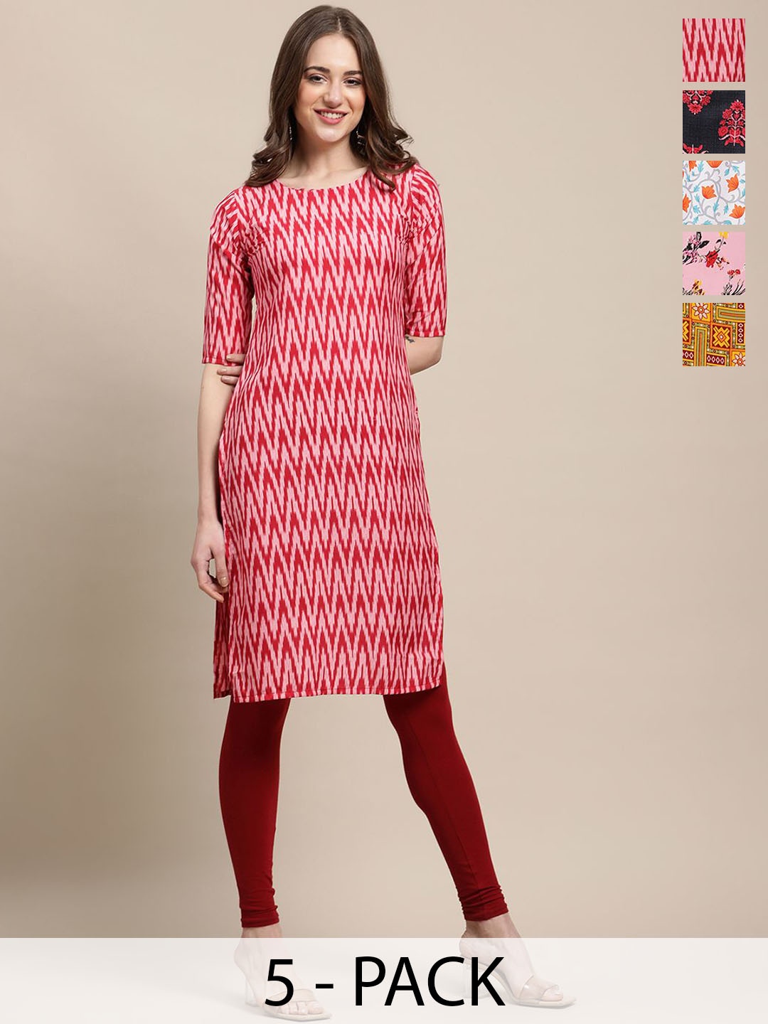 

7Threads Selection Of 5 Chevron Printed Round Neck Kurtas, Red