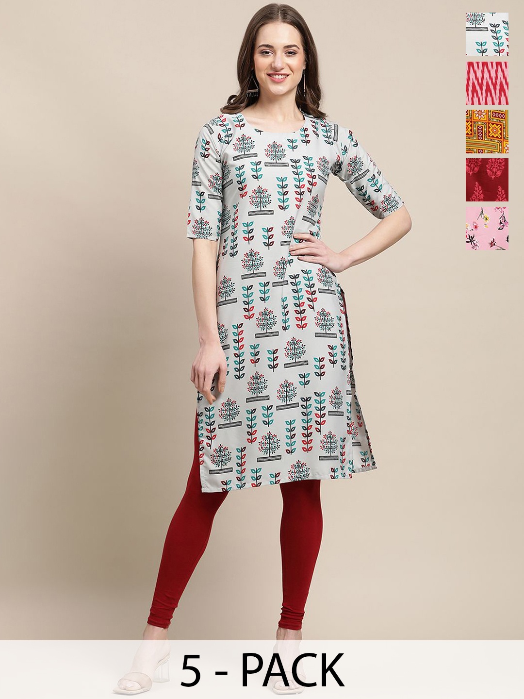 

7Threads Selection of 5 Floral & Geometric Printed Straight Kurtas, Grey