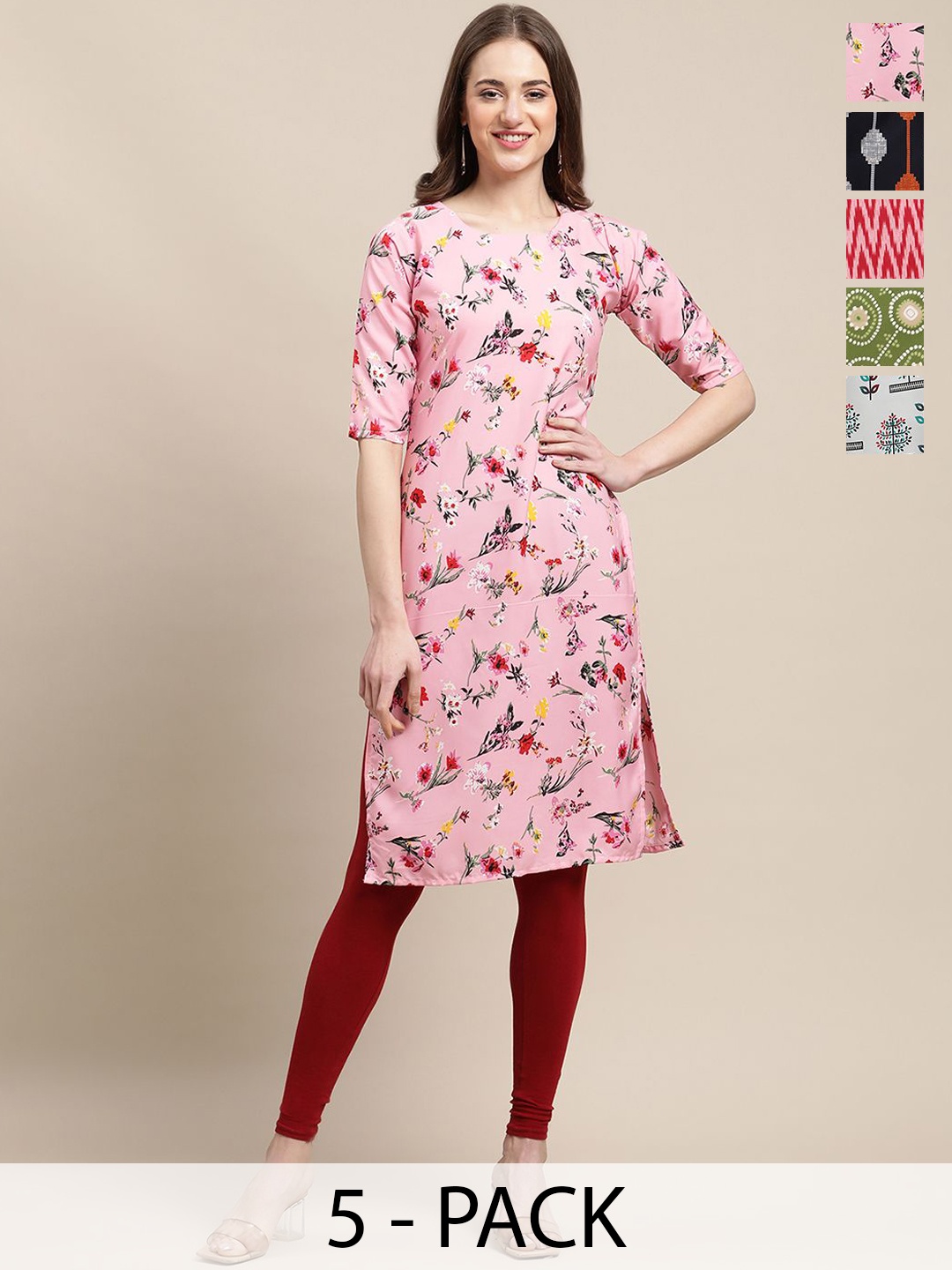 

7Threads Pack Of 5 Floral Printed Round Neck Straight Kurta, Pink