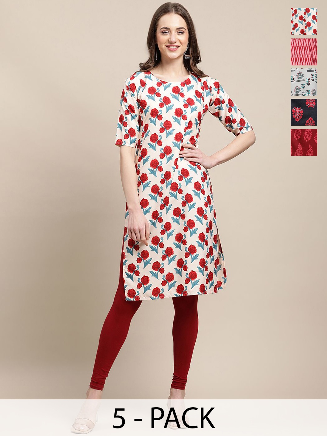 

7Threads Selection of 5 Floral Printed Crepe Straight Kurta, Red