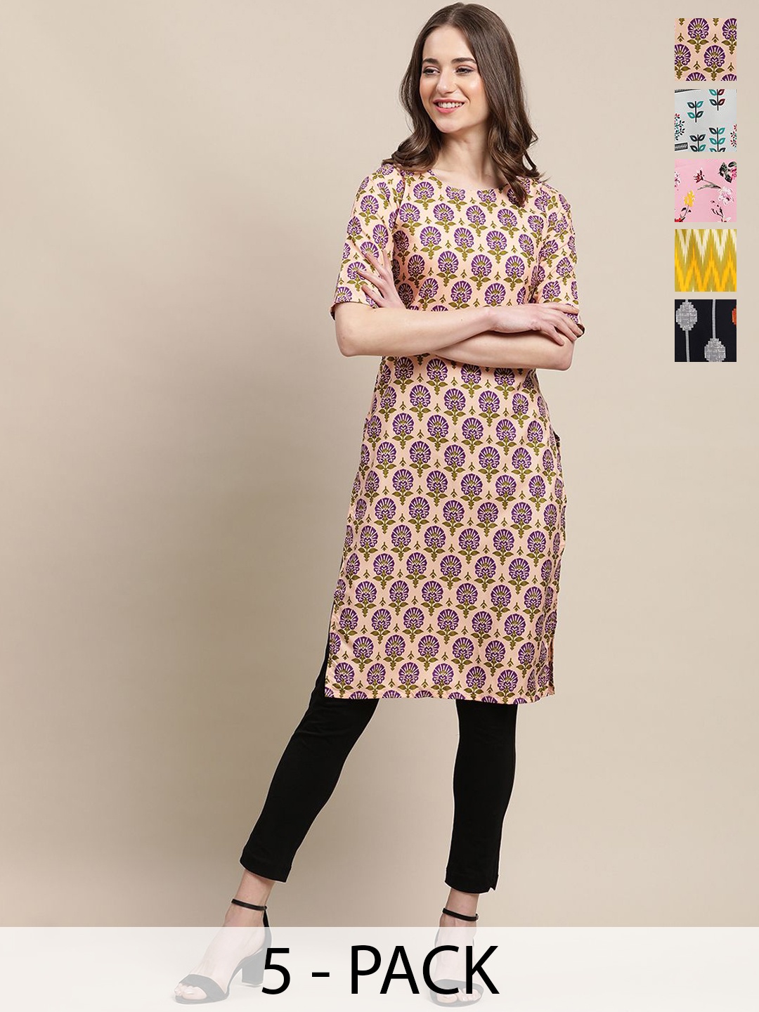 

7Threads Selection Of 5 Ethnic Motifs Printed Round Neck Kurtas, Peach