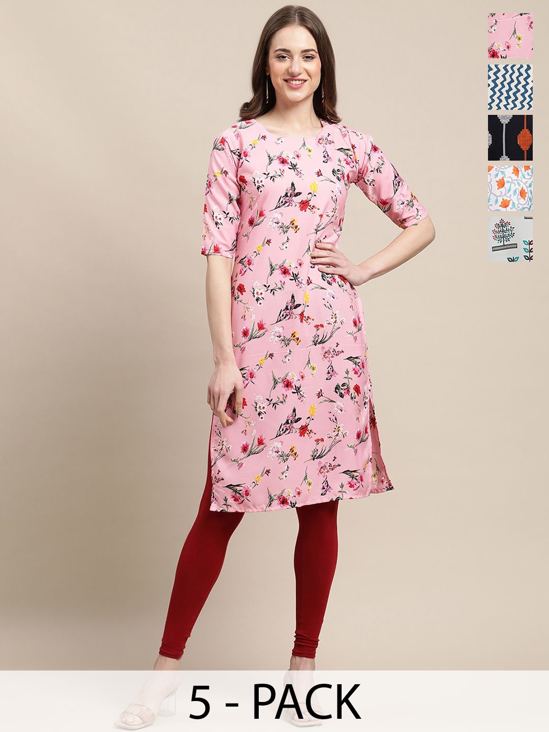 

7Threads Selection Of 5 Floral Printed Round Neck Kurtas, Red