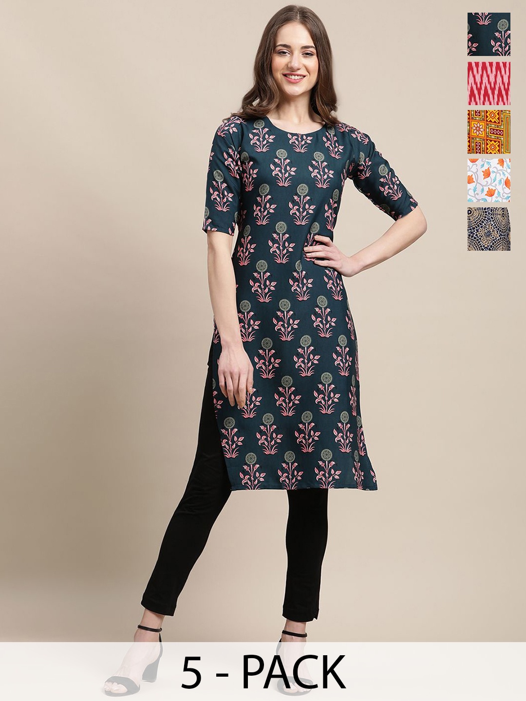 

7Threads Selection Of 5 Floral Printed Round Neck Straight Kurtas, Blue