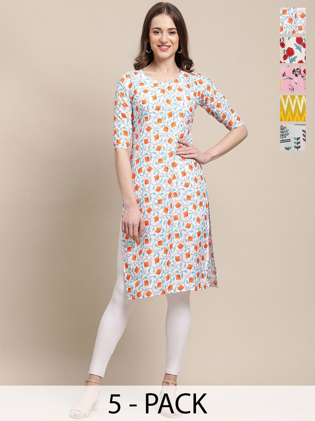 

7Threads Selection of 5 Floral Printed Round Neck Crepe Straight Kurtas, White