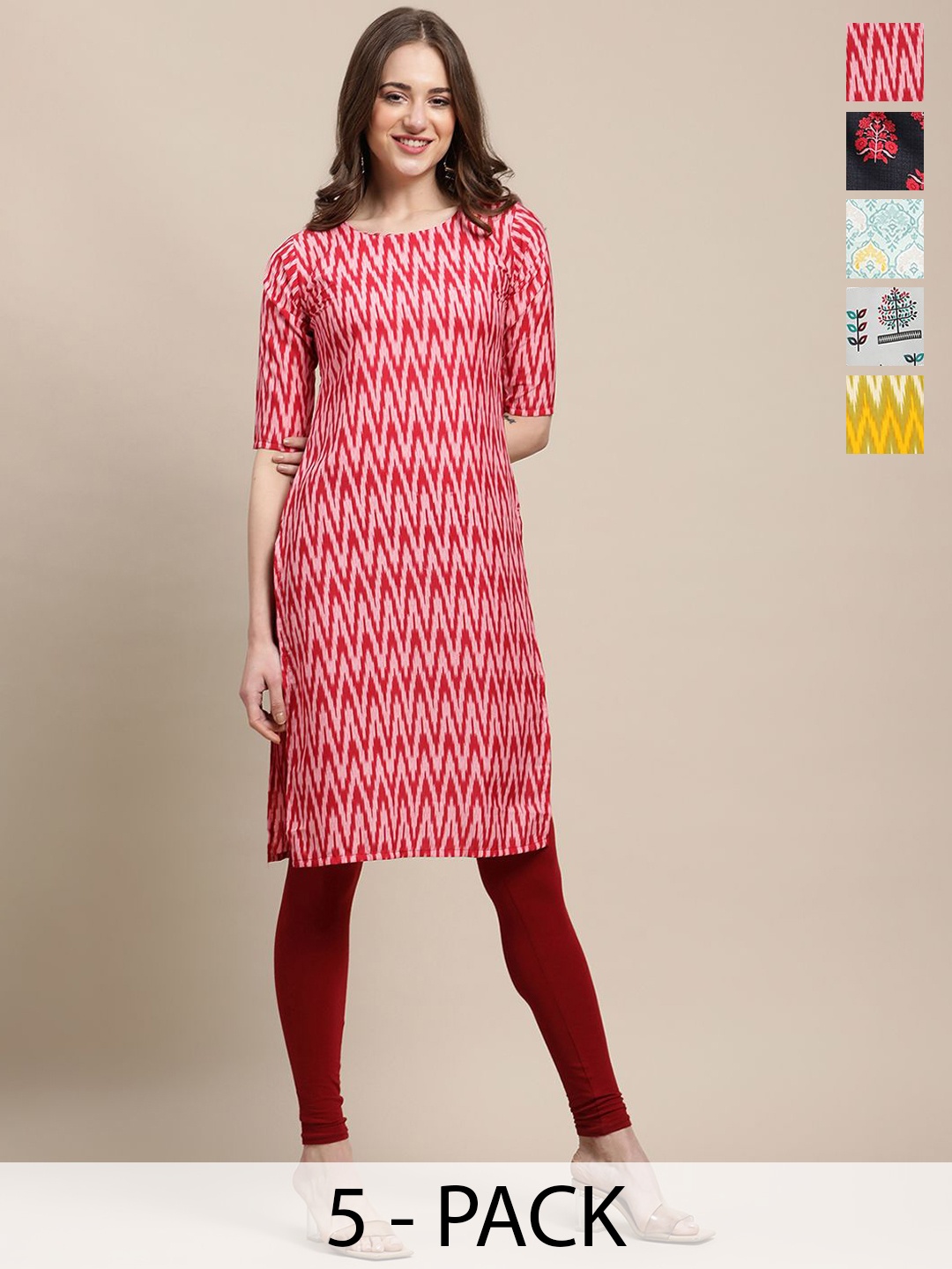 

7Threads Selection Of 5 Chevron Printed Round Neck Crepe Straight Kurta, Red