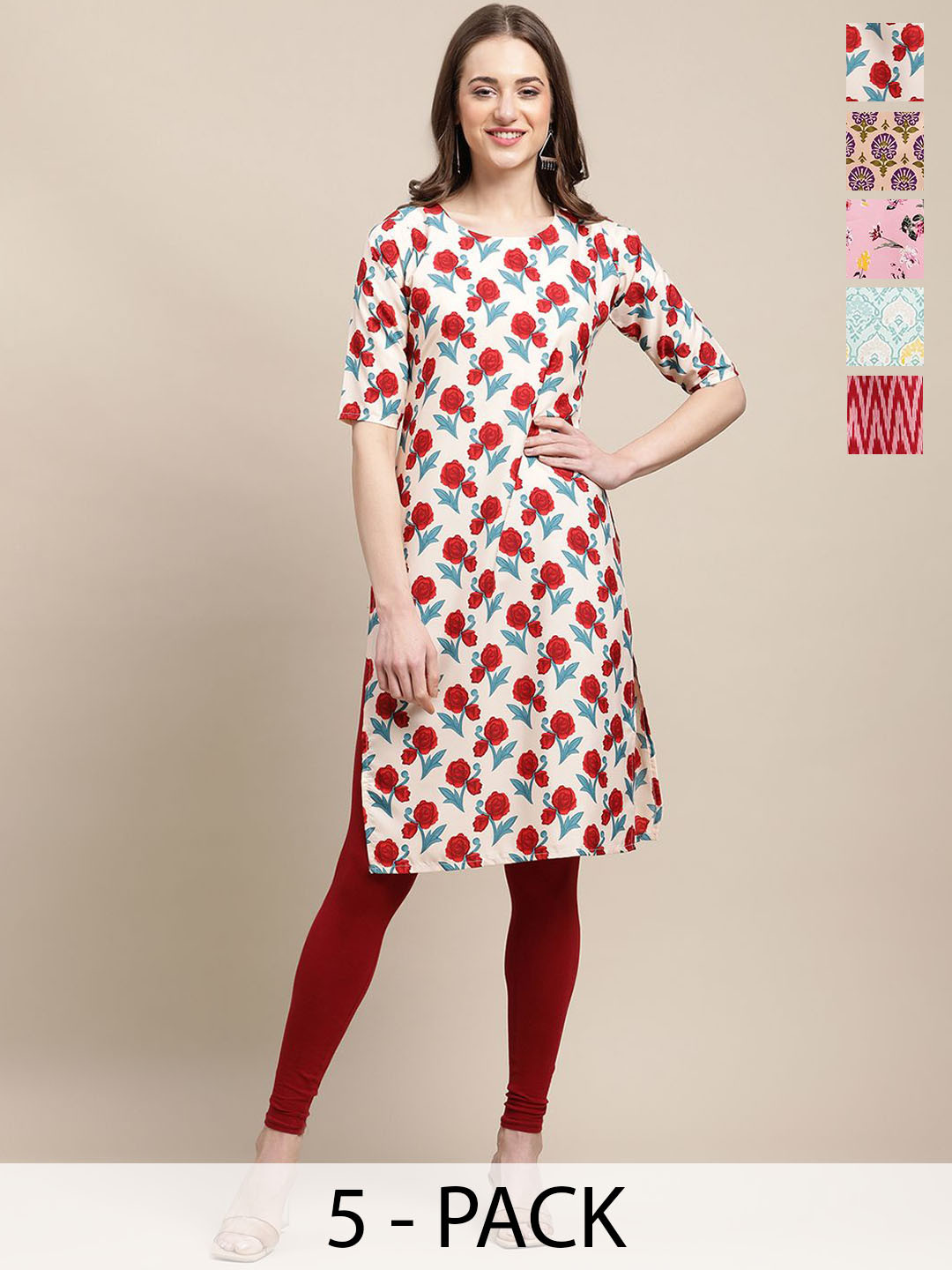 

7Threads Selections Of 5 Floral Printed Straight Kurta, White