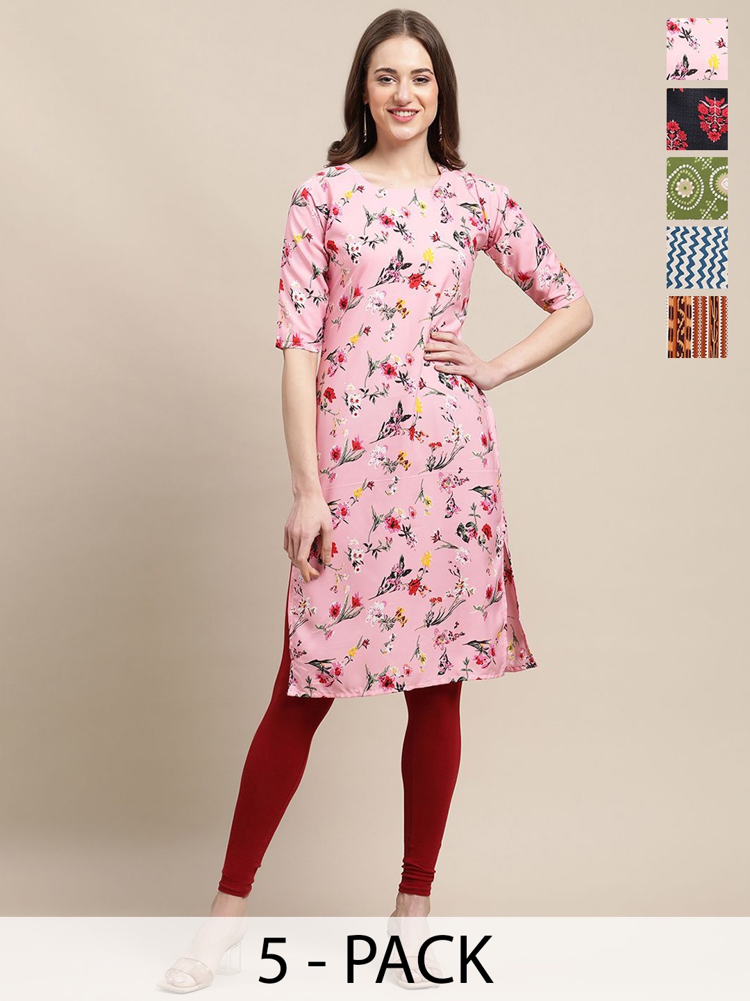 

7Threads Selection of 5 Floral Printed Crepe Straight Kurta, Pink