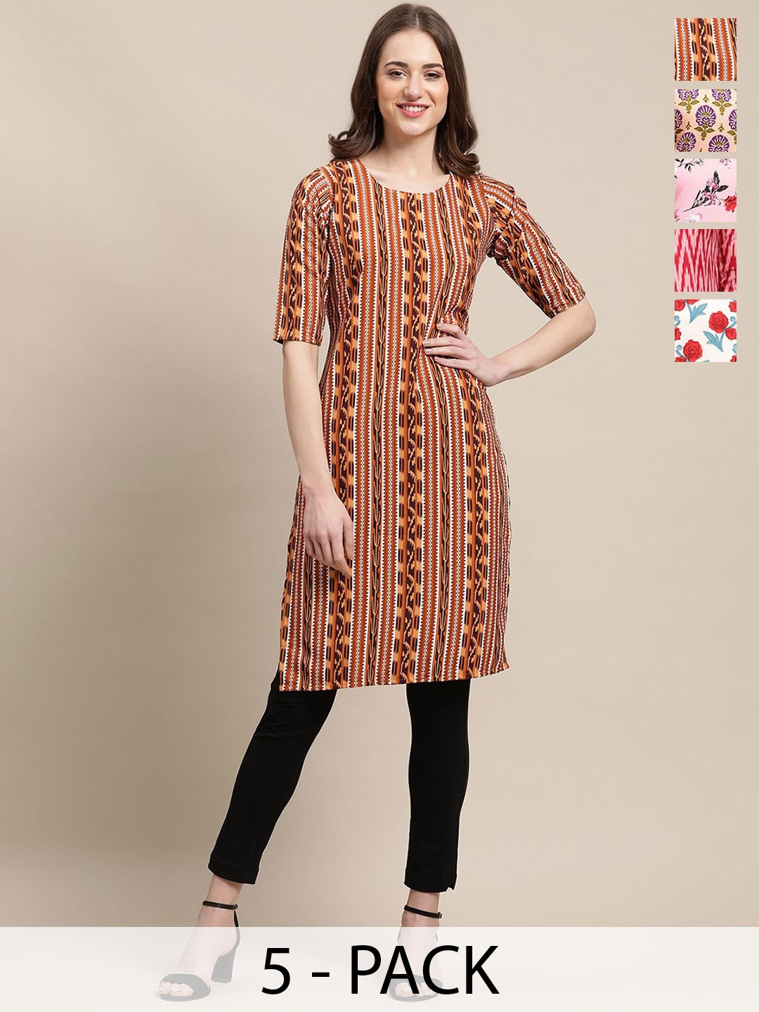 

7Threads Selections Of 5 Ethnic Motifs Printed Straight Kurtas, Brown