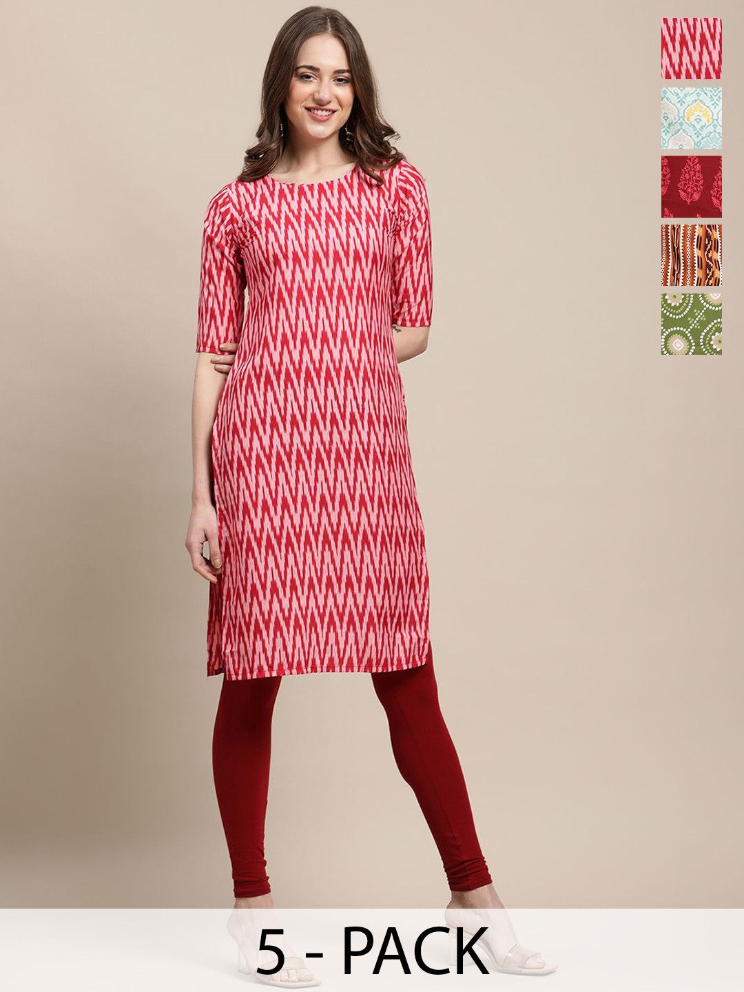 

7Threads Selection Of 5 Ethnic Motifs Round Neck Straight Kurtas, Red