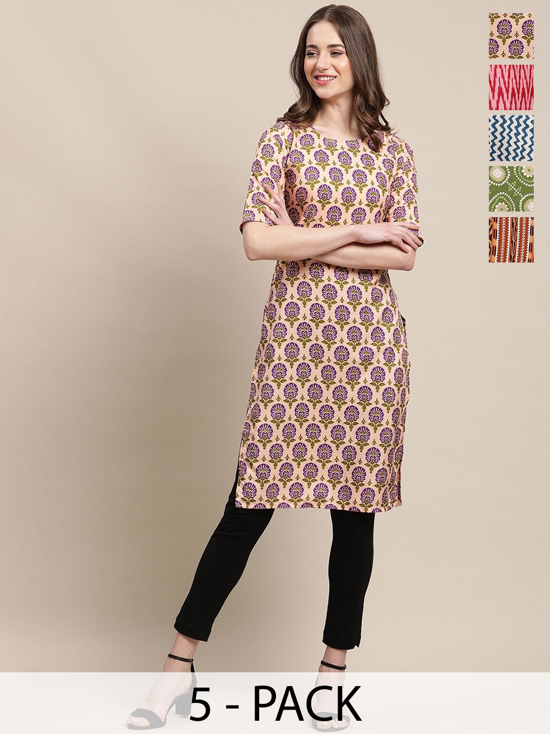 

7Threads Selection Of 5 Ethnic Motifs Printed Round Neck Kurtas, Peach