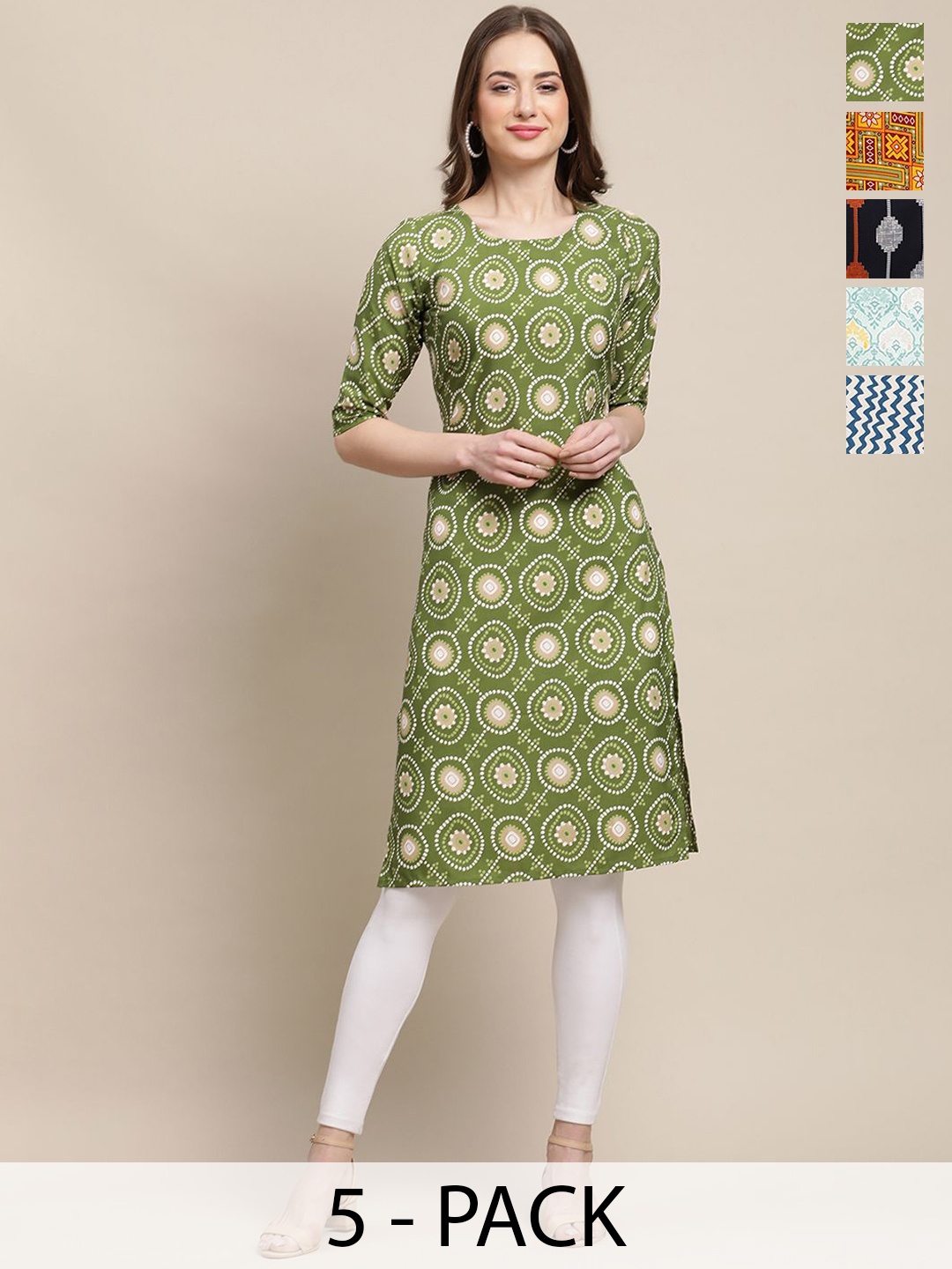 

7Threads Selection Of 5 Ethnic Motifs Printed Round Neck Regular Sleeves Straight Kurtas, Green