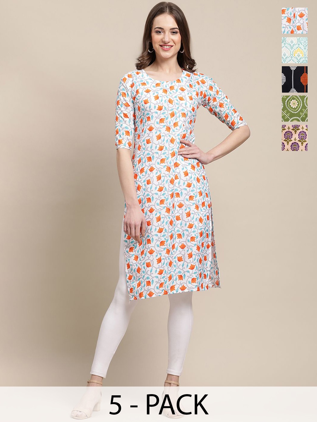

7Threads Selection Of 5 Ethnic Motifs Printed Straight Kurtas, White