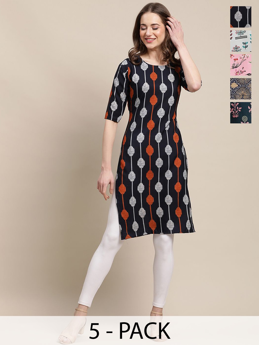 

7Threads Pack Of 5 Floral Printed Round Neck Straight Crepe Kurta, Navy blue