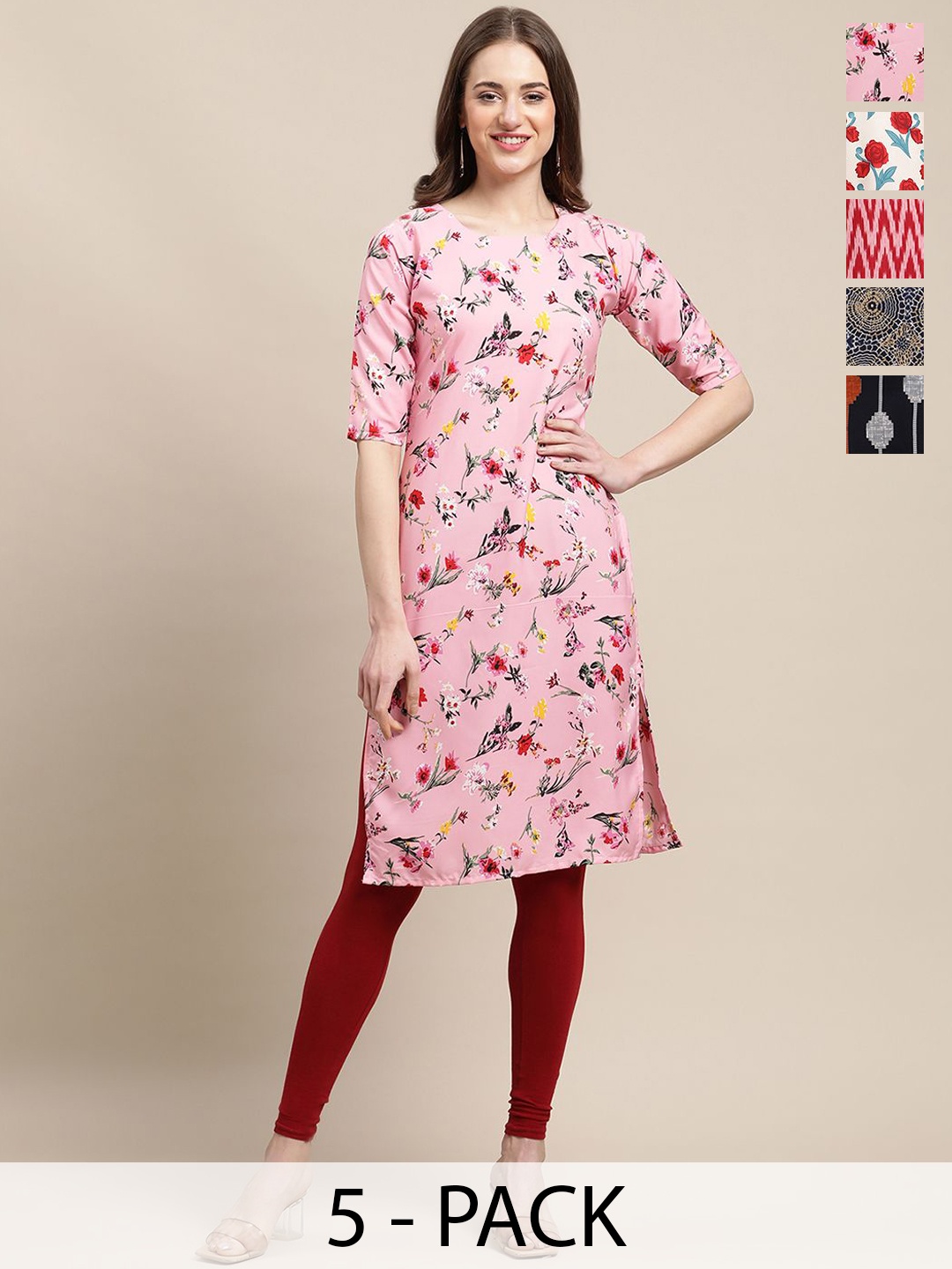 

7Threads Selection Of 5 Floral Printed Round Neck Straight Kurta, Pink
