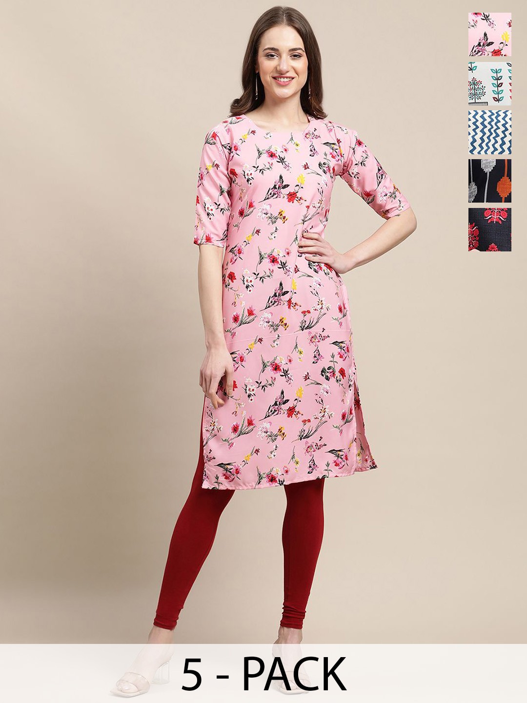 

7Threads Selection Of 5 Ethnic Motifs Printed Round Neck Straight Crepe Kurtas, Pink