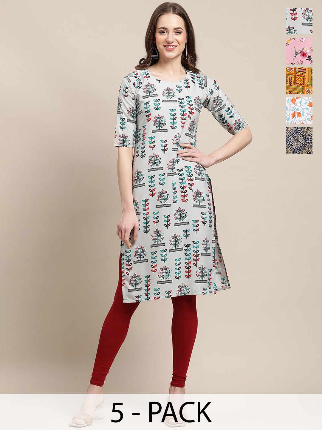 

7Threads Selection Of 5 Floral Printed Round Neck Kurta, Grey