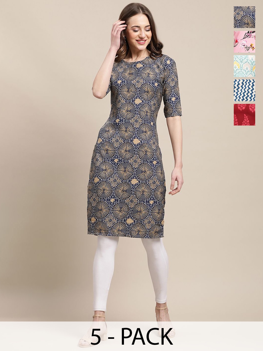 

7Threads Selection Of 5 Ethnic Motifs Round Neck Kurtas, Navy blue